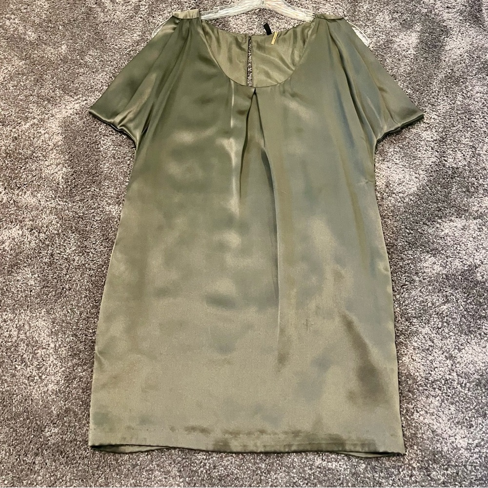 Pocketed 100% Silk Green Capsule Mini Dress Swarovski Crystal Back-Button